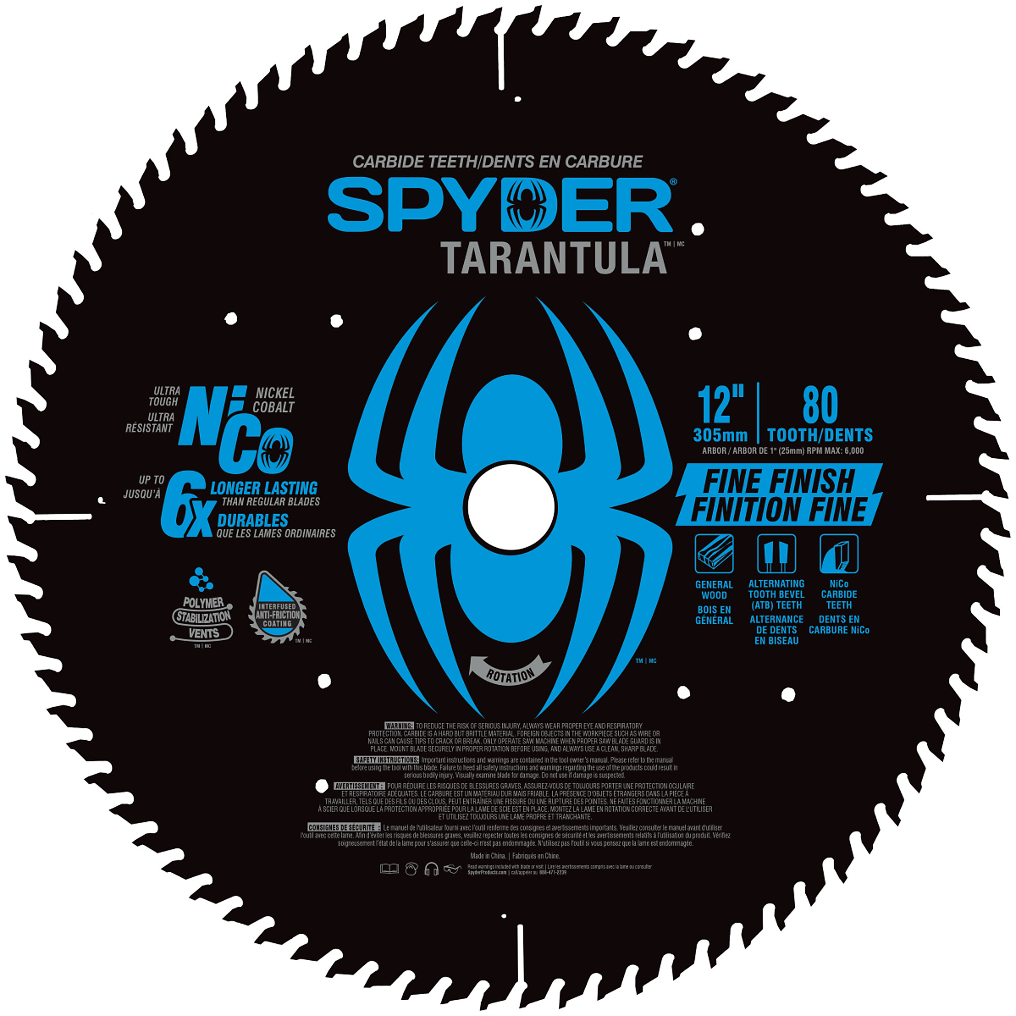 SPYDER, Fine 12in. 80T TCT Stl Circ Tarantula Saw Blade, Blade Diameter 12 in, Included (qty.) 1 Model# 13015